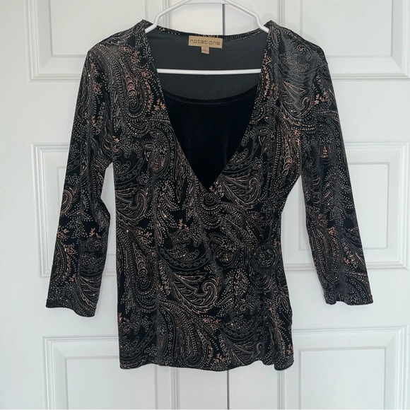 Vintage Notations Top Small Black Velvet Top Beaded Gold Glitter Wrap E22 - Picture 1 of 7